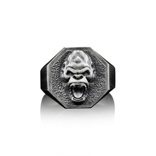 Oxidized 925 Silver Gorilla Signet Mens Ring, Handmade African Ape Ring, Octagonal African Mens Ring, Sterling Silver Mens Wedding Gift Ring