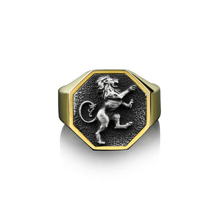 Handmade Lion Men's Ring, Sterling Silver Rampant Lion Signet Man Ring, Gold Plated Silver Scottish Lion Ring, Mens Wedding Lion Gif Ring