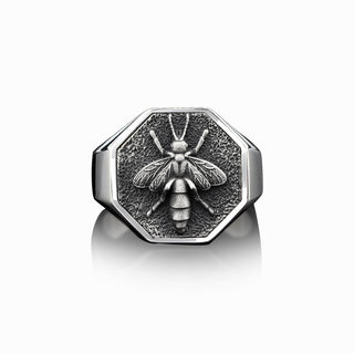 925 Silver Wild Bee Signet Men's Ring, Handmade Winged Bee Man Ring, Polished Bee Ring, Sterling Silver Wedding Men Gift Ring, Ring For Mens