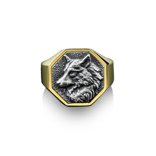 Handmade Alpha Wolf Men's Ring, 925 Silver Wild Wolf Signet Man Ring, Gold Plated Wolf Mens Ring, Sterling Silver Wedding Men's Gift Jewelry