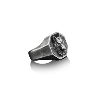 Oxidized Silver Wolf Men Ring, Alpha Wolf Signet Man Ring, 925 Silver Animal Men Ring, Sterling Silver Handmade Men Ring, Boho Men Gift Ring