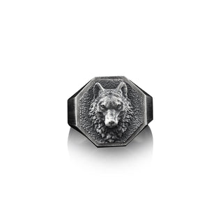 Oxidized Silver Wolf Men Ring, Alpha Wolf Signet Man Ring, 925 Silver Animal Men Ring, Sterling Silver Handmade Men Ring, Boho Men Gift Ring