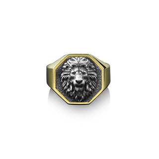 Handmade Wild Lion Silver Men Ring, Sterling Silver Lion Head Signet Man Ring, Gold Plated Silver Lion Man Ring, Octagonal Signet Men Ring