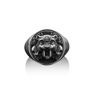 Tiger Handmade Signet Ring, Sterling Silver Saber Tooth Pinky Men Ring, Tiger Head Silver Jewelry, Asian Tiger Gift, Memorial Silver Gifts