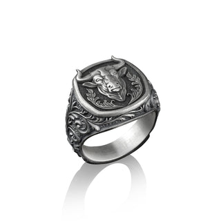 Zodiac Taurus Floral Signet Ring For Men in Sterling Silver, Pinky Bull Signet Ring For Men, Pinky Animal Ring, Horoscope Silver Men Jewelry