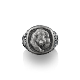 Scandinavian Grizzly Bear Square Signet Ring, Sterling Silver Signet for Women, Mens Animal Head Rings, Animal Lover Gift, Pinky Signet Ring