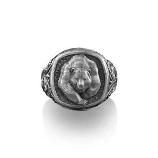 Scandinavian Grizzly Bear Square Signet Ring, Sterling Silver Signet for Women, Mens Animal Head Rings, Animal Lover Gift, Pinky Signet Ring