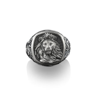 Majestic Lion Square Signet Ring, Sterling Silver Rings, Mens Astrology Signet Rings, Zodiac Leo Gifts, Animal Pinky Rings for Women,