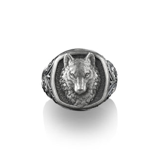 Victorian Pattern with Fenrir Wolf Ring For Men, Pinky Signet Wolf Men Ring in Sterling Silver, Chunky Biker Rings, Spirit Animal Ring