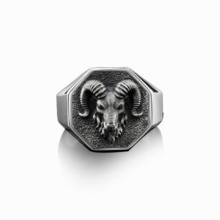 Zodiac Aries Ram Signet Ring for Men, Ram Head Silver Men Ring, Polished Silver Zodiac Boho Man Ring, Animal Silve Men Jewelry, Ring For Men