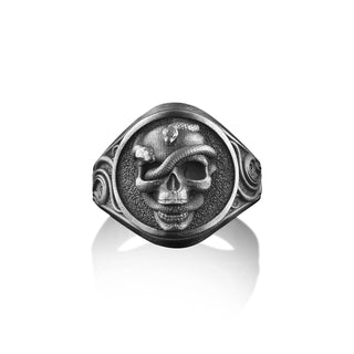 Biker Snake Skull Head 925 Silver Mens Ring, Sterling Silver Biker Signet Ring, Oxidized Silver Biker Jewelry, Boho Skull Ring, Gift For Men