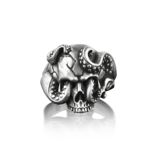 Skull and Tentacle Mens Ring in Silver, Octopus Gothic Ring in Oxidized Silver, Kraken Punk Ring For Best Friend, Halloween Ring For Men