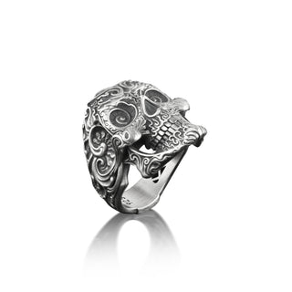 Skull with Spiral Eyes Ring For Men in Silver, Unique Gothic Men Ring with Victorian Motifs, Unusual Skull Ring For Biker, Third Eye Ring