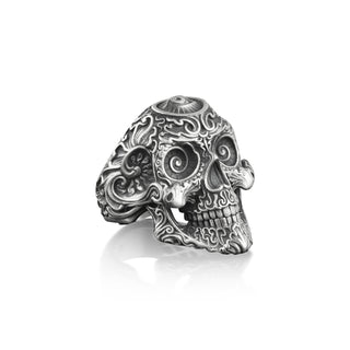 Skull with Spiral Eyes Ring For Men in Silver, Unique Gothic Men Ring with Victorian Motifs, Unusual Skull Ring For Biker, Third Eye Ring