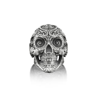 Skull with Spiral Eyes Ring For Men in Silver, Unique Gothic Men Ring with Victorian Motifs, Unusual Skull Ring For Biker, Third Eye Ring