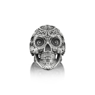 Skull with Spiral Eyes Ring For Men in Silver, Unique Gothic Men Ring with Victorian Motifs, Unusual Skull Ring For Biker, Third Eye Ring