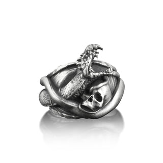 Snake and Skull Extraordinary Ring for Men, Serpent Gothic Style Men Ring in Oxidized Sterling Silver, Reptile Punk Ring For Men, Biker Ring
