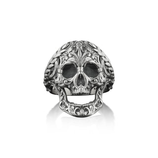 Skull Ring with Victorian Motifs, Engraved Fleur De Lis Mens Gothic Ring in Oxidized Sterling Silver, One Of A Kind Biker Ring For Husband
