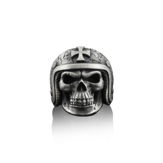 Skull wearing Motorcycle Helmet Biker Ring for Men in Sterling Silver, Skull Cross Gothic Ring, Skull & Cross Silver Jewelry, Ring for Men