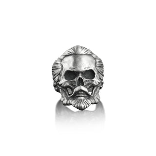 Sterling silver skull with hair and beard biker ring for men, Unusual punk men ring, Cool biker punk ring, Gothic one ff a kind gift rings