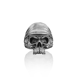 Skull in Bandana Handmade Sterling Silver Men Signet Ring, Silver Skull Gothic Jewelry, Skull Biker Ring, Minimalist Ring, Ring For Men