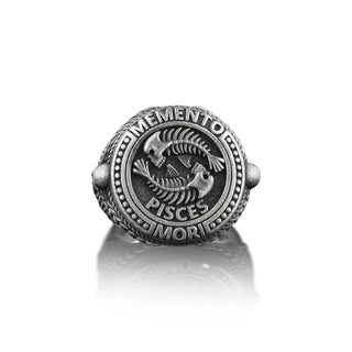 Pisces Memento Mori Mens Signet Ring, Fish Skeleton Ring For Best Friend, Zodiac Signet Ring in Oxidized Silver, Gothic Ring For Husband