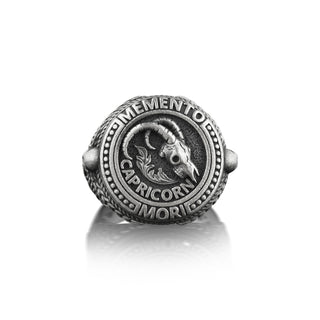 Capricorn Gothic Biker Ring For Men, Memento Mori Zodiac Signet Ring in Oxidized Silver, Goat Skeleton Ring For Boyfriend, Unusual Ring