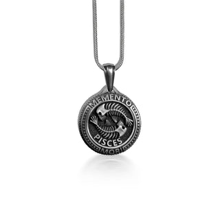 Pisces Memento Mori Coin Necklace For Husband, Silver Zodiac Coin Necklace in Gothic, Fish Skeleton Necklace For Dad, Horoscope Necklace