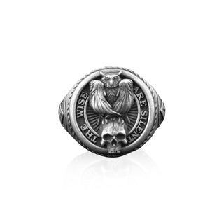 Owl Skull Mason Square Compass Signet Ring for Men, Owl Skull Ring, Unique Masonic Ring, Sterling Silver Signet Ring, Handmade Ring for Men