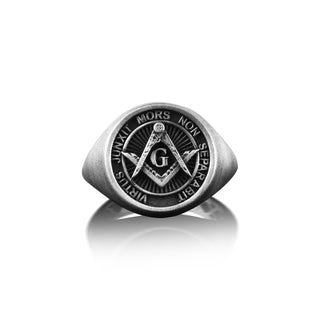 Masonic Pinky Signet Ring in Silver, Freemason Ring For Husband in Oxidized Silver, Engraved Master Mason Signet Ring For Men, Male Ring