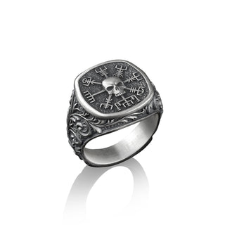 Vegvisir The Viking Compass with Skull Silver Men Ring, Norse Mythology Pinky Ring, Victorian Pattern Signet Ring For Men in Sterling Silver
