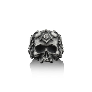 Mason Symbol on Skull with Crown Handmade Sterling Silver Men Biker Ring, Master Mason & Skull Gothic Ring, Freemason Skull Men Jewelry