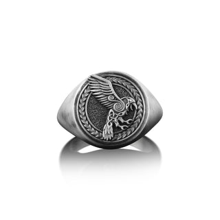 Viking Raven Bird of Prophecy Ring, Engraved Pinky Signet Ring in Oxidized Silver, Norse Mythology Ring For Family, Fantasy Ring For Husband
