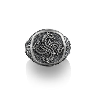 Scandinavian Tangled Dragon Knot Silver Ring for Men, Norse Mythology Jewelry, Sterling Silver Mens Rings, Pinky Signet Rings for Women