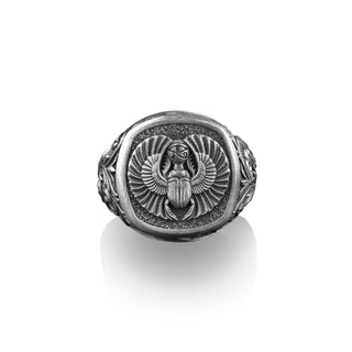 Ancient Egyptian Beetle Scarab, Sterling Silver Square Signet Ring, Myhtology Lover Gift, EngravedRings, Pinky Rings for Women, Ring For Men