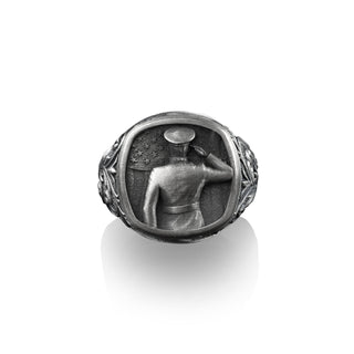 Saluting Soldier with American Flag Signet Silver Ring for Men, American Flagg Ring, Solider Pinky Ring, Military Flag Gift Ring, Pinky Ring