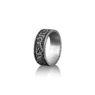 Chinese Dragon Ornament Wedding  Band Ring For Men, Handmade Sterling Silver Ring, Traditional Dragon Mythology Ring, Engraved Dragon Ring