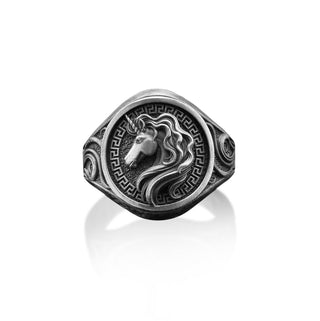 Handmade Relief Unicorn Sterling Silver Man Ring, 925 Silver Boho Rainbow Unicorn Ring, Greek Mythology Jewelry, Ring For Men, Boho Man Ring