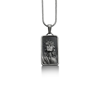 Jesus with crown of thorns pendant necklace in silver, Personalized religious neckalce for catholic, Christian necklace