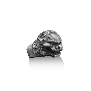 Foo Dog Handmade Silver Ring, 3D Fu Dog Silver Men Jewelry, Chinese Guardian Lion Sterling Silver Men Ring, Shishi Chinese Buddism Men Gift