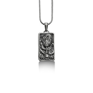 Dragon pendant necklace in oxidized silver,Personalized chinese mythology necklace for men,Engraved fantasy necklace