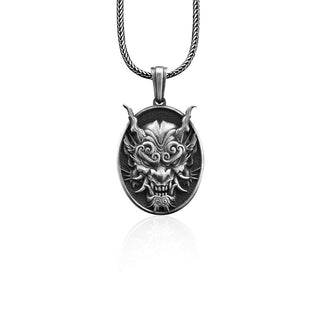 Oni Mask Handmade Sterling Silver Charm Necklace, Oni Mask Pendant, Gothic Necklace, The Art of Japanese Mask Silver Jewelry, Japanese Gift