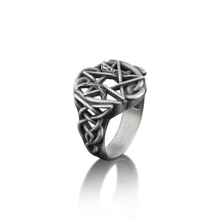 Celtic Moon and Star Ring in Silver, Celtic Knot on Side Celestial Ring For Men, Pentagram Ring For Boyfriend, Nordic Jewelry, Husband Gift