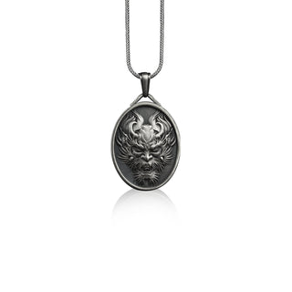 Oni mask personalized silver necklace for men, Japanese demon pendant with custom name, Everyday necklace for boyfriend