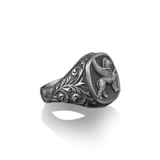 Gryphon Lion Square Signet Ring, Lion Bodied Eagle Headed Mythical Creature, Sterling Silver Mens Rings, Pinky Signet Rings for Women,