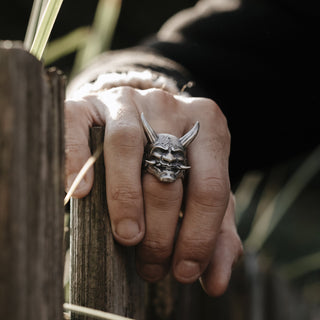 Oni Mask Sterling Silver Gothic Ring, 925 Silver Demon Ring, Japanese Art, Japanese Mythology Jewelry, Protection Ring, Remembrance Gift