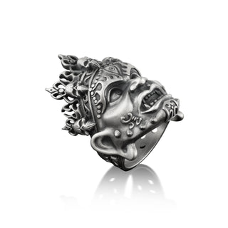 Japanese mask with skull demon ring for men in sterling silver, Mongolian mask ring, Oni mask demon unique ring for men, Fantasy gift ring