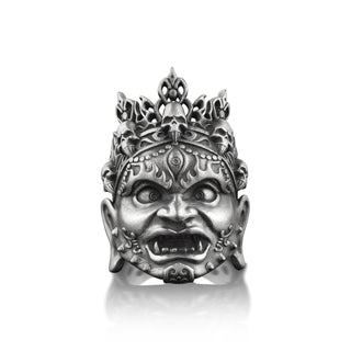 Japanese mask with skull demon ring for men in sterling silver, Mongolian mask ring, Oni mask demon unique ring for men, Fantasy gift ring