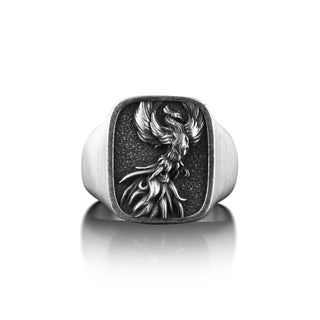 Phoenix Fire Bird Mens Ring in Silver, Square Signet Ring For Men, Fantasy Ring For Best Friend, Mythology Ring For Husband, Cool Male Ring