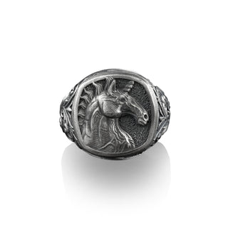 Unicorn Signet Pinky Ring for Men in Sterling Silver, Signet Wedding Ring for Men, Mythology Lover Gift, Victorian Pattern with Unicor Ring